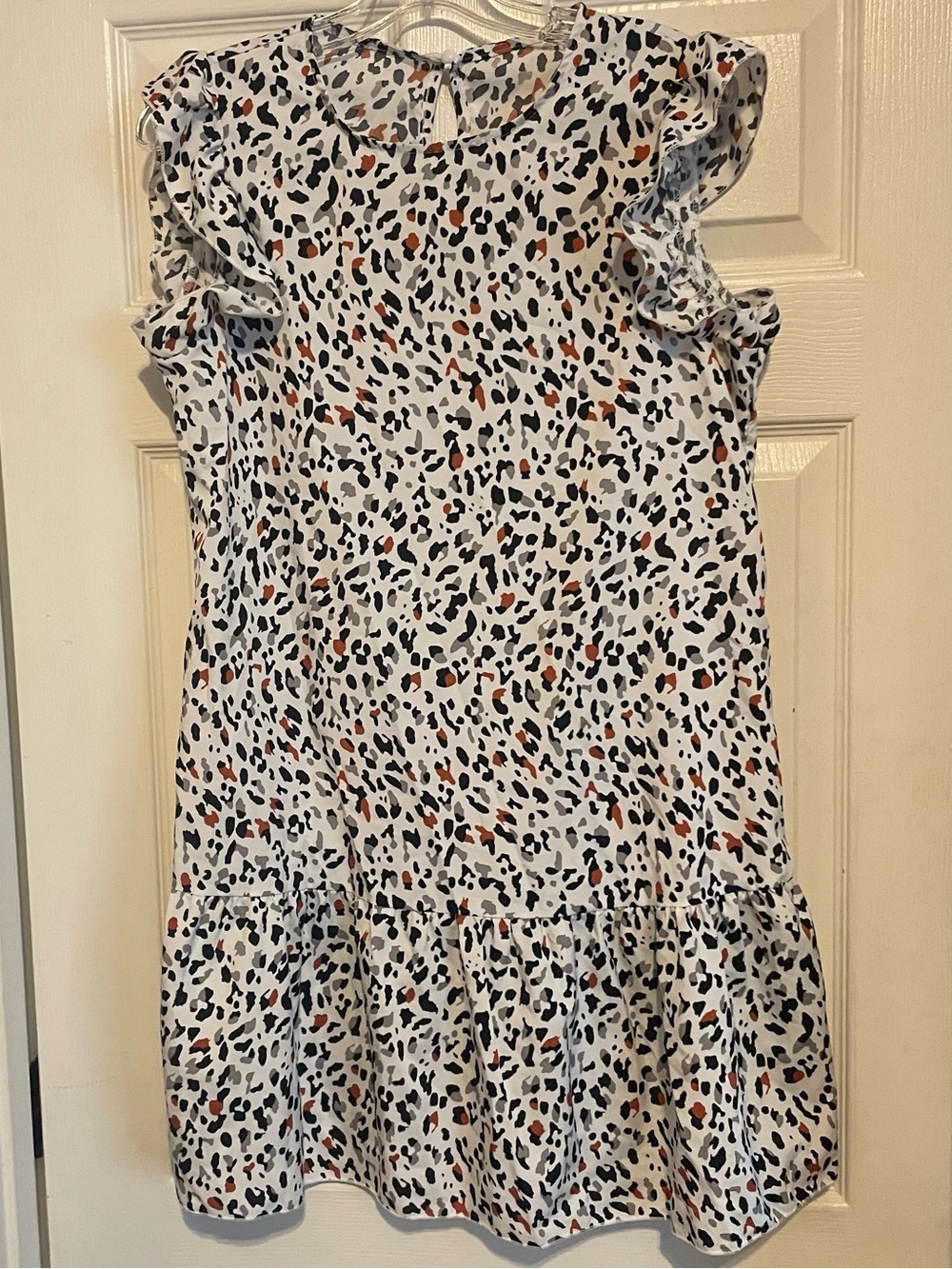 SHEIN White Leopard-Print Ruffle Sleeve Dress with Rust brown Spots size large
